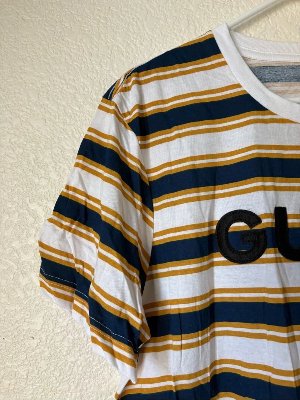 GUESS White Navy & Mustard Striped Logo Tee - Picture 5 of 8